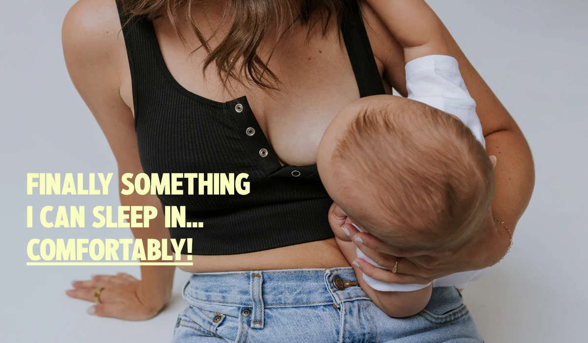 Mom breastfeeding her baby in the Allie Bra, a soft nursing bra with easy one-hand access that's comfortable enough to sleep in