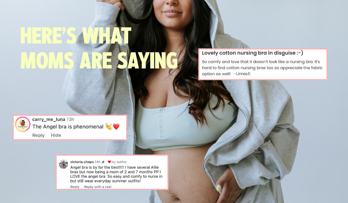 Pregnant mom wearing the Angel Bra, a cotton nursing bra, with customer reviews saying it's comfy and doesn't look like a nursing bra