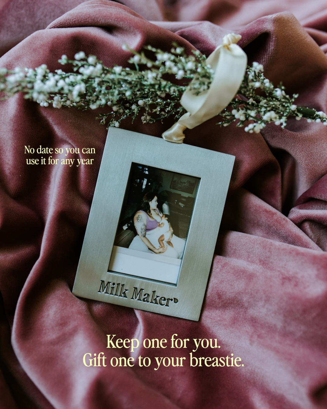 Milk Maker photo frame Christmas ornament hanging on the tree with a breastfeeding photo inside, silver keepsake gift for nursing moms by The Little Milk Bar
