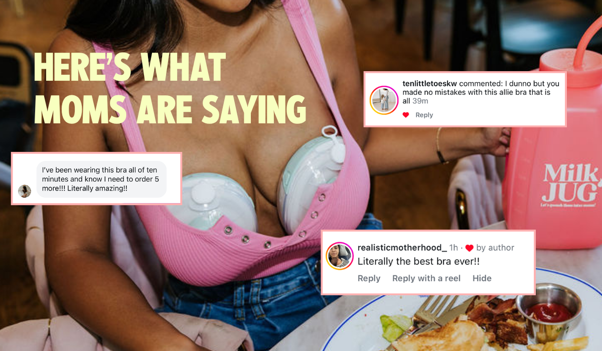 Mom wearing the Allie Bra hands-free pumping bra with customer reviews from The Little Milk Bar