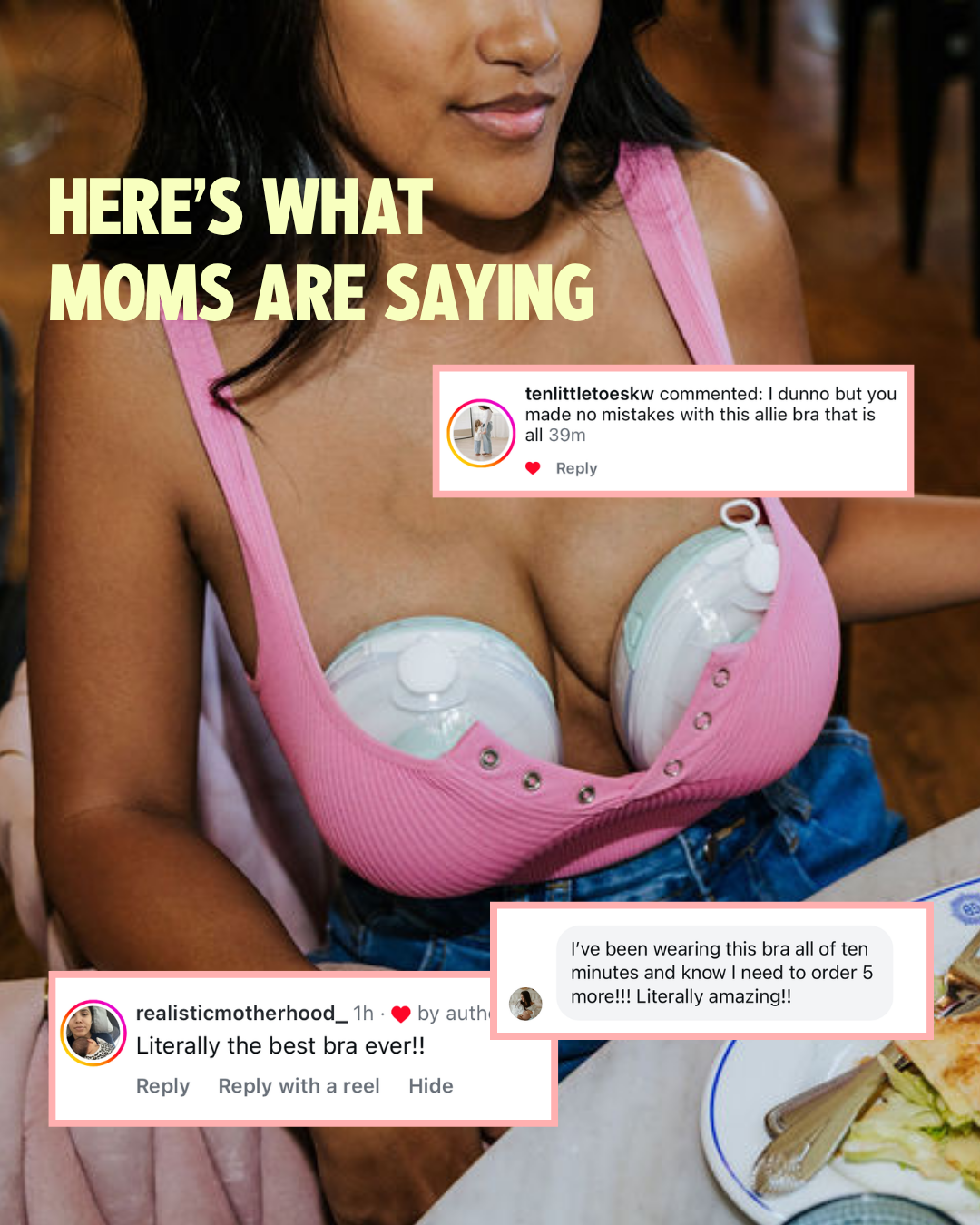 Mom wearing the Allie Bra hands-free pumping bra with customer reviews from The Little Milk Bar