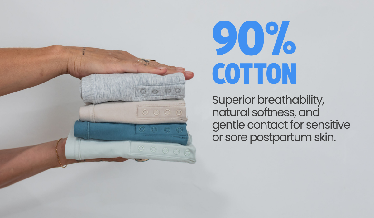 Stack of folded Angel Bra cotton nursing bras in four colors, 90% cotton for breathability and softness on sensitive postpartum skin