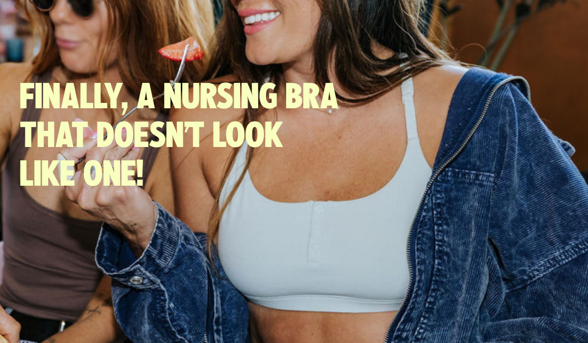 Mom wearing the Angel Bra in Sage under a denim jacket, a stylish nursing bra that doesn't look like a nursing bra