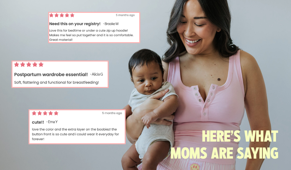 Mom holding her baby in the pink Postpartum Tank with five-star customer reviews calling it a postpartum wardrobe essential, soft and functional for breastfeeding