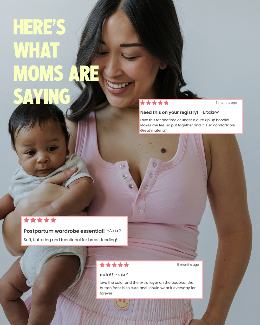 Mom holding her baby in the pink Postpartum Tank with five-star customer reviews calling it a postpartum wardrobe essential, soft and functional for breastfeeding
